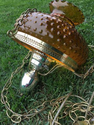 Vintage Hurricane Hanging Swag Lamp Hobnail Amber Colored Glass Globe Base 6