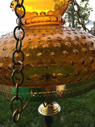 Vintage Hurricane Hanging Swag Lamp Hobnail Amber Colored Glass Globe Base 8