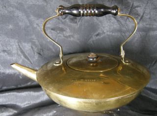 Bright Brass Teapot,  Wooden Handles,  Short Wide Graceful Style