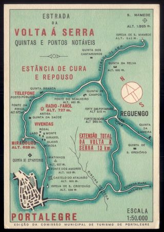 Old Postcard Portalegre Estrada Da Volta à Serra Map Reguengo Portugal