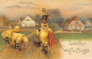 Dressed Chick In Top Hat & Boots Cane Antique Easter Fantasy Postcard - K179