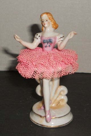Antique Porcelain Ballerina Figurine W/ Pink Lace Tutu Occupied Japan Mib Dancer