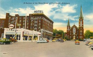 Linen Postcard Main Street & Esso Gas Station,  Fort Smith,  Arkansas Circa 1950