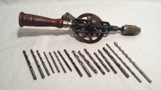Vintage Craftsman Wood Handle Hand Crank Drill 3 Gear Drive & 16 Assorted Bits