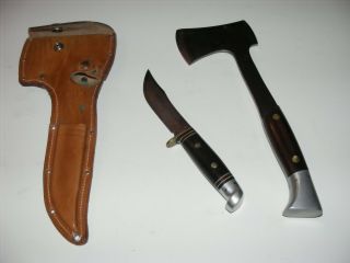 Western Usa W66 Wood Fixed Blade Knife & Axe Combo In Leather Sheath