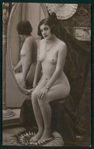 French Nude Woman Seated Near Mirror Circumspect Look Old C1920s Photo Postcard