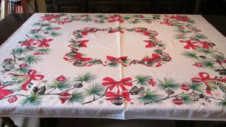 Pine Branches With Ornaments & Red Ribbon  - Vintage Christmas Tablecloth