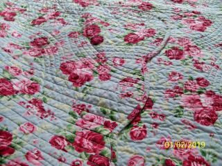 Vintage Shabby Chic Quilt Blue W/ Red Roses 48 " X 60 " Crib / Coverlet