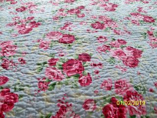 VINTAGE SHABBY CHIC QUILT BLUE W/ RED ROSES 48 