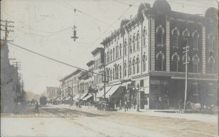 Rp Postcard Aurora Ill/il Broadway Downtown Business Storefronts W/trolley 1912