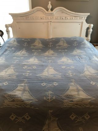 Vintage Mid Century Woven Bead Spread Coverlet Sail Boat Anchor Flag Blue 1950’s