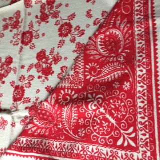 Vtg Tablecloth Ivory Red Paisley Floral 49x45 " Farm Cot Chic Look