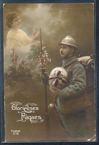 Qn151 Wwi French Patriotic Easter Paques Soldier Poilu Egg Gun Photo Pc