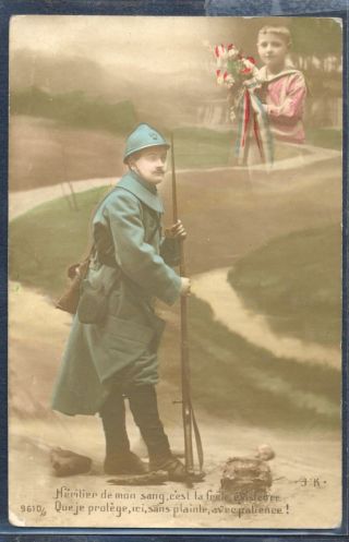 Qn158 Wwi French Patriotic Child Soldier Poilu Tinted Photo Pc