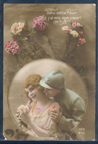 Qn156 Wwi French Patriotic Couple Romance Soldier Poilu Tinted Photo Pc