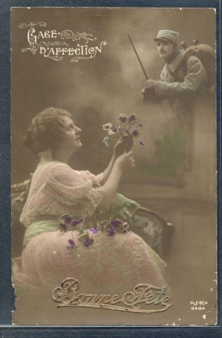 Qn157 Wwi French Patriotic Couple Romance Soldier Poilu Tinted Photo Pc