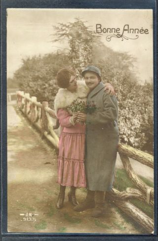 Qn153 Wwi French Patriotic Year Couple Romance Soldier Poilu Tinted Photo Pc