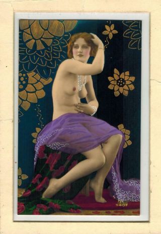 French Nude Woman Sitting Pearls 1910 - 1920 Sol Color Photo Postcard V3