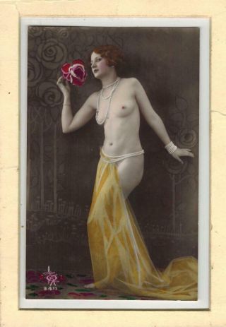 French Nude Woman Standing Pearls 1910 - 1920 Sol Color Photo Postcard V2