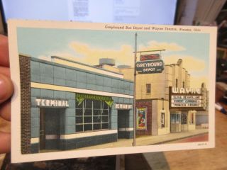Vintage Old Postcard Ohio Wooster Greyhound Bus Station Depot Wayne Theater Sign