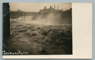 Genesee River @ Full Flood Stage Rppc Rochester York—antique Hydrology Photo