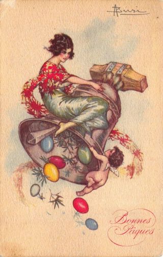 Two Busi Artwork Easter Postcards Woman And Cherub W/ Bell & Colored Eggs 112820