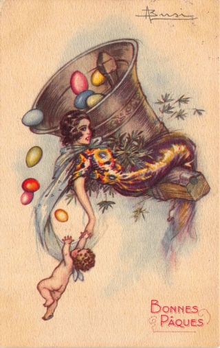 Two Busi Artwork Easter Postcards Woman and Cherub w/ Bell & Colored Eggs 112820 3