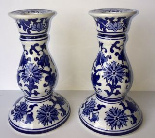 2 Vintage Cobalt Blue & White Porcelain Candle Stick Holders Chinoiserie Chinese