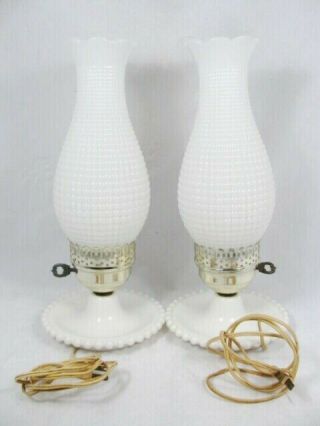 Set Of 2 Vintage White Milk Glass Hurricane Table Boudoir Vanity Parlor Lamp 14 "