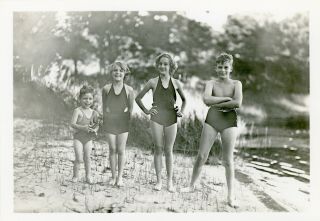 Vintage Photo Of Four Smiling Boys/girls In Their Swimsuits At A Lake