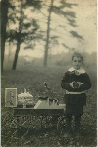 Birthday Boy Photographer W Cake Toy Cart And Camera Antique Photo
