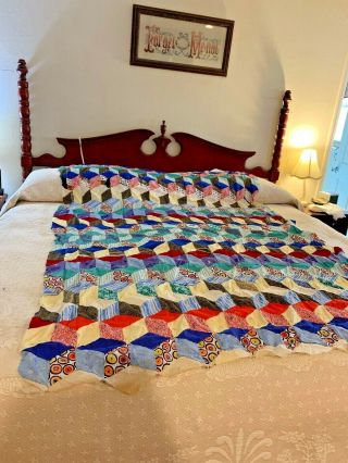 Vintage Hand Stitched Cotton Patchwark Quilt Top 83” By 57”