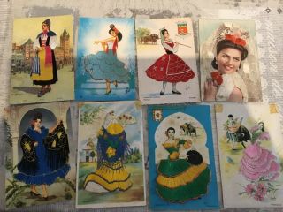 8 Vintage Silk Embroidered Spanish Ladies Postcards