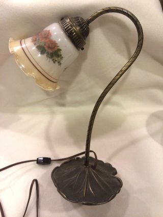 Vintage Table Lamp,  Brass Base With Glass Globe,  Flowers,  Cottage Chic