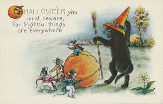 S21 1502 Vintage Whitney Halloween Postcard Cat Witch Hat Mice Pumpkin C.  1920