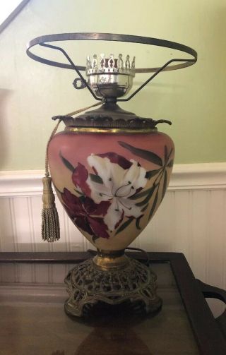 Antique Victorian Gone With The Wind Oil Lamp Base Hand Painted Iris