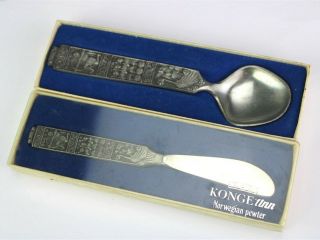 Konge Tinn Norway Pewter Metal King Olav Flatware Sugar Spoon Butter Knife Jsc