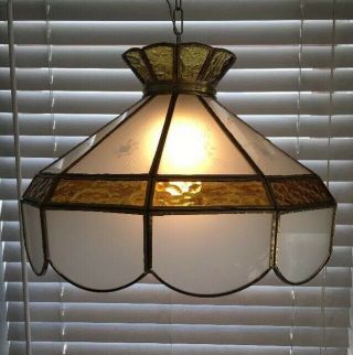 Vintage Hanging Light Stained Frosted Glass Swag Lamp Shade Plug In Style