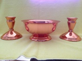Vintage Coppercraft Guild (2) Candle Stick Holders & Footed Copper Pedestal Bowl