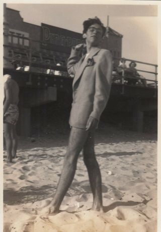 Vintage Gay Int Photo Feminine Young Man Posing In Blazer On Beach Skinny Legs