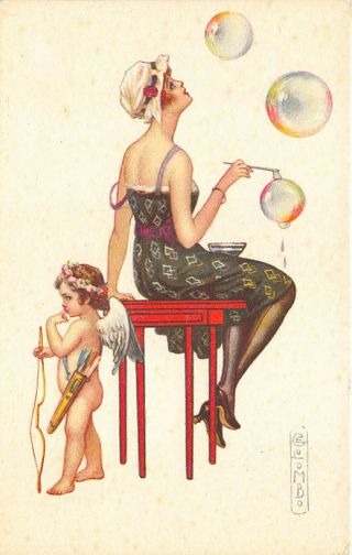 Woman Blowing Bubbles Cupid Arrows Signed Colombo Postcard