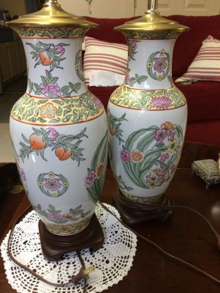 Pair Vintage Chinese Porcelain Vase Lamps Floral Design And Matching Finials