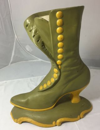 Vintage Lady Ceramic Boot Vase Victorian Button Green/ Gold
