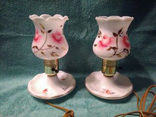 Vintage Pair White Milk Glass Dresser Vanity Lamp Hand Painted Pink Gold Roses