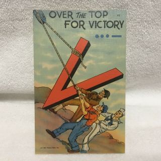 Vtg,  Wwii Cartoon Patriotic Postcard,  " Over The Top For Victory ",  1941 C