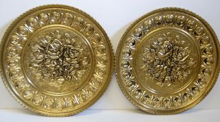 2 - 12 " Brass Hanging Plates Embossed & Antiqued With Roses Flowers Vintage