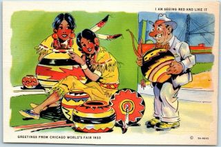 1933 Chicago Expo Postcard Indian Girls Ray Walters Curteich Linen 3a - H642