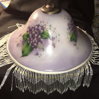 Large Floral Hand Painted Frosted Glass Lamp Shade With Fringe Purple Flower