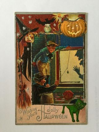 C1910 Colorful Halloween Pc: 2 Kids Spider Prank On Old Lady