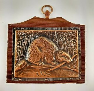 1970s Copper Plaque Fait Au Quebec Par A Nadeau 3d Relief Signed Folk Art Beaver